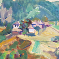 Вера Къдринова 1904 - 1986 Родопски къщи пейзаж маслени бои, снимка 5 - Картини - 44950399