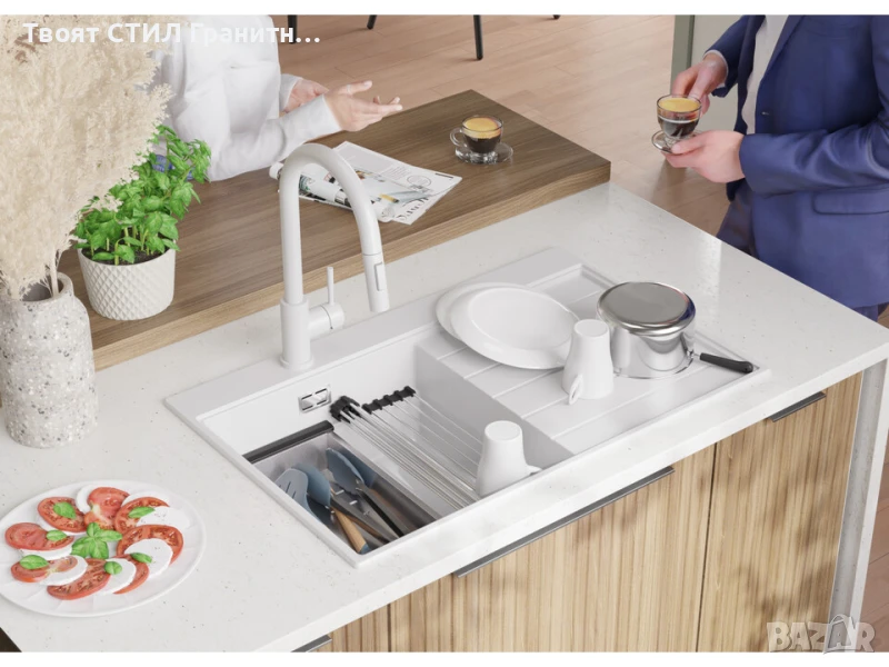 Бяла гранитна кухненска мивка Сидни 780-45 Ergo Multilevel 780х500, снимка 1