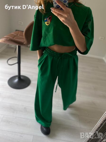 Панталон с широк крачол в зелен цвят , снимка 1