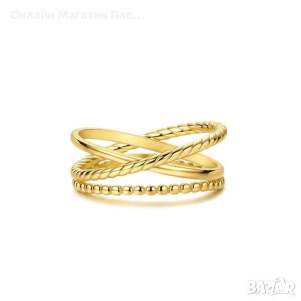 Сребърен пръстен от 925 стерлингово сребро с дизайн от преплетени халки – златист цвят, снимка 1