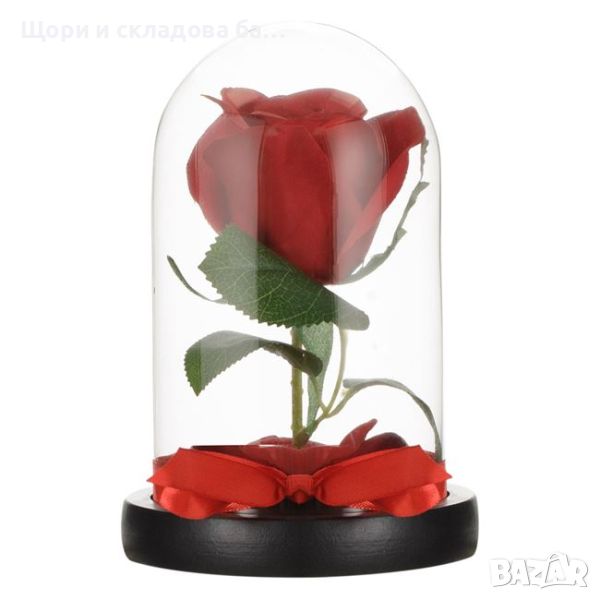 Роза под стъклен похлупак, Дървена основа, снимка 1