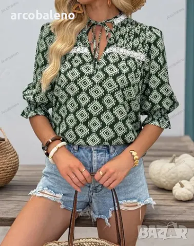 Модна дамска риза с къс ръкав и геометричен принт, снимка 4 - Ризи - 50054677