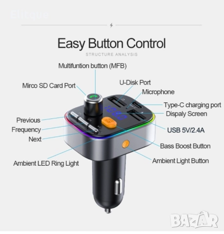 Bluetooth трансмитер за кола с 2 USB и 1 USB type-c, снимка 6 - Друга електроника - 52819835
