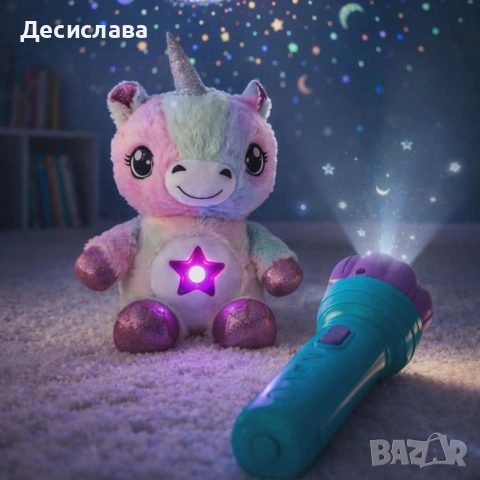 Плюшена играчка с нощна лампа 2в1 + детски фенер-проектор със светлинни картинки 