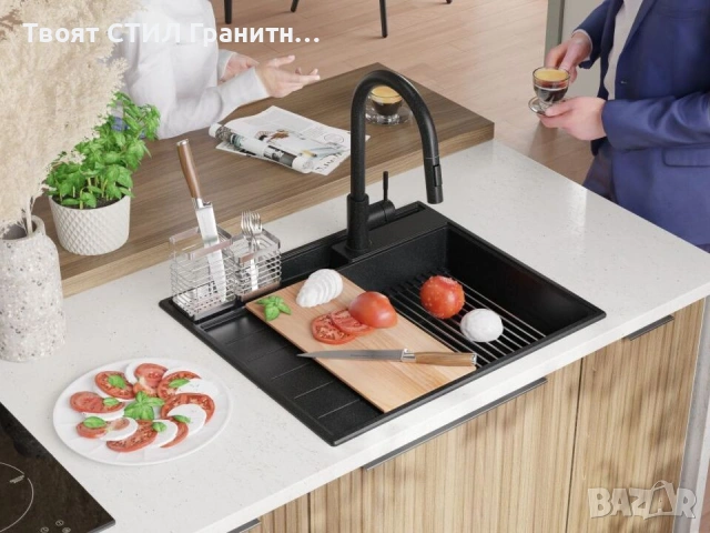 Графит гранитна кухненска мивка Сидни 620-45 Pocket Ergo Multilevel, снимка 8 - Мивки - 53813031