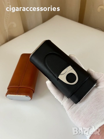 Калъф за 3 пури – естествена кожа, кедър, с ножче, черен/кафяв, снимка 6 - Табакери - 54097882