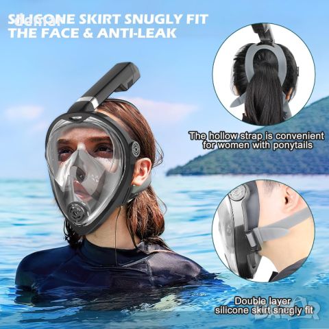 KUYOU Цялолицева маска за гмуркане с шнорхел с най-новата дихателна система Dry Top, черно, зелено, снимка 8 - Водни спортове - 45782024
