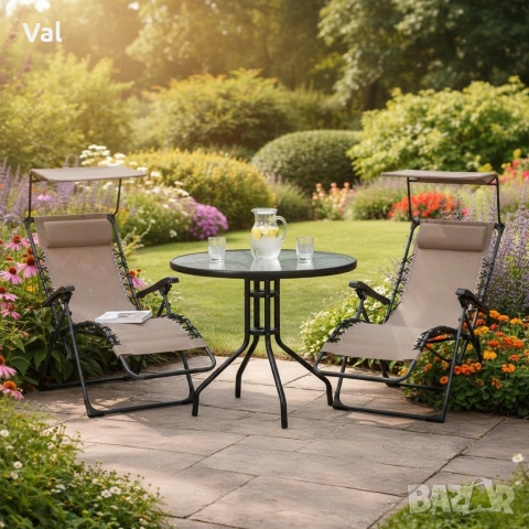 Комплект за релаксация на открито: 2 сгъваеми шезлонга с нулева гравитация CHAIR3 и стилна масичка, снимка 8 - Други - 53643333