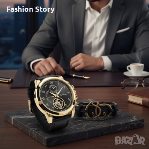Елегантен мъжки комплект – часовник с черна каишка и гривна с метален щит, снимка 3 - Мъжки - 51937516