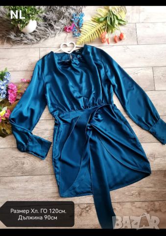 Сатенена дамска рокля, размер ХЛ, дълъг ръкав, петролено синьо, панделка , снимка 1 - Рокли - 45693832