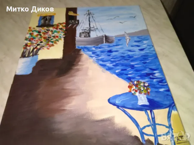 Картина пейзаж акрилни бои Кораб в морето 33х47см, снимка 6 - Декорация за дома - 50303409