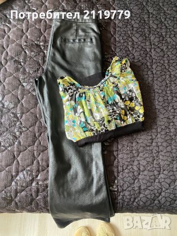 Дамски сет от кожен панталон и блузка, снимка 2 - Панталони - 45506161