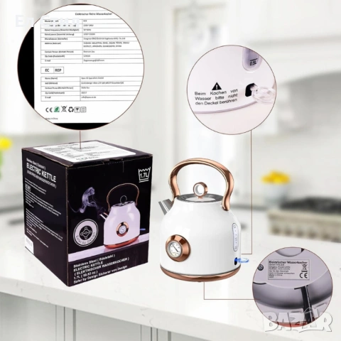 Електрически чайник от неръждаема стомана с ретро термометър–1.7 L, 2200W, снимка 7 - Други - 53589861