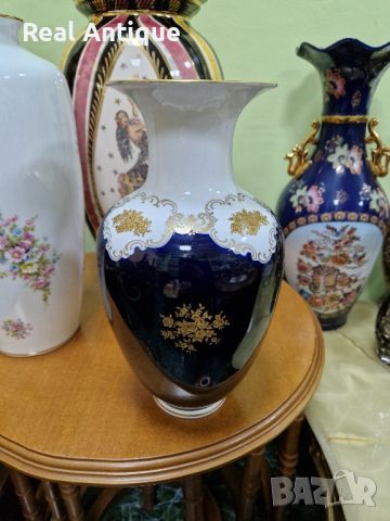 Рядка уникална антикварна колекционерска порцеланова немска ваза кобалт с позлата Reichenbach, снимка 4 - Вази - 45713468