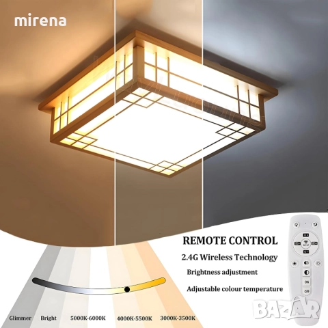 Дървен полилей ЛЕД LED, японски стил, квадратна, дистанционно 215, снимка 7 - Лампи за таван - 51536373