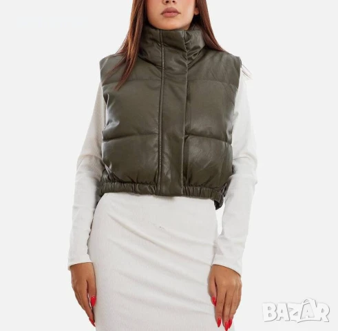 Зелена Дамска кожена ватирана грейка , снимка 5 - Елеци - 51280564