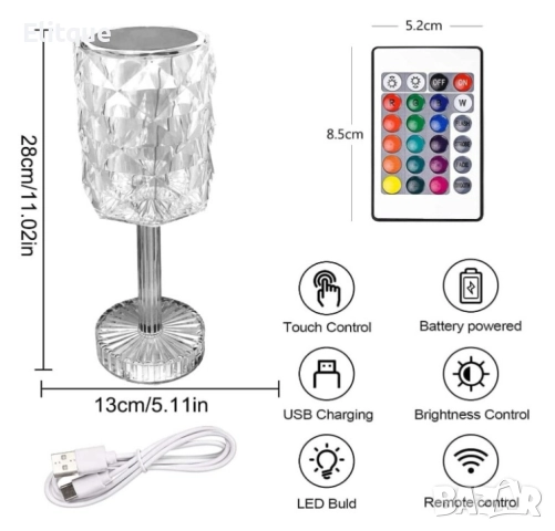 LED RGB сензорна настолна кристална лампа с функция за 16 цвята и дистанционно управление, снимка 6 - Други стоки за дома - 52905125