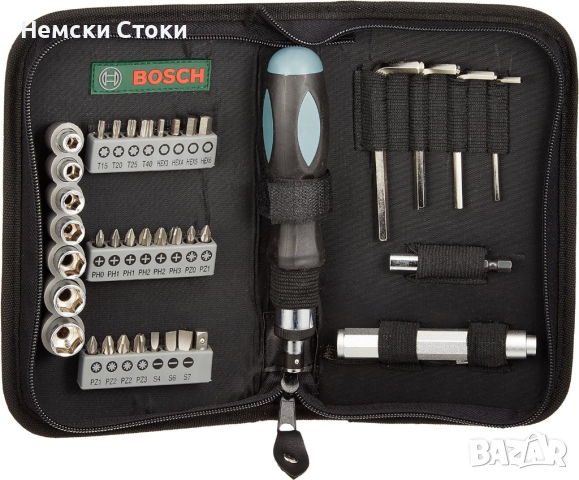 Комплект 38 аксесоари Bosch Compact, Отвертка, Битове, Гаечни ключове, Шестограми, Магнитен адаптер 