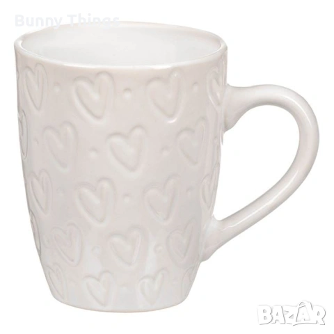 Керамична овална чаша Бяла Релефен дизайн Сърца 350 мл
