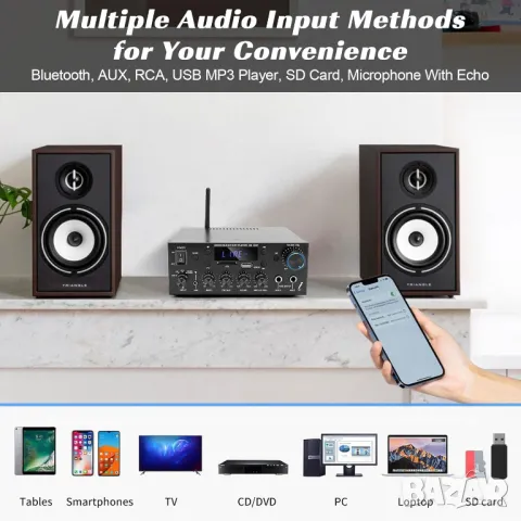 2x60W Аудио усилвател KS-33BT Bluetooth 5.0 HiFi, снимка 4 - Аудиосистеми - 48358264