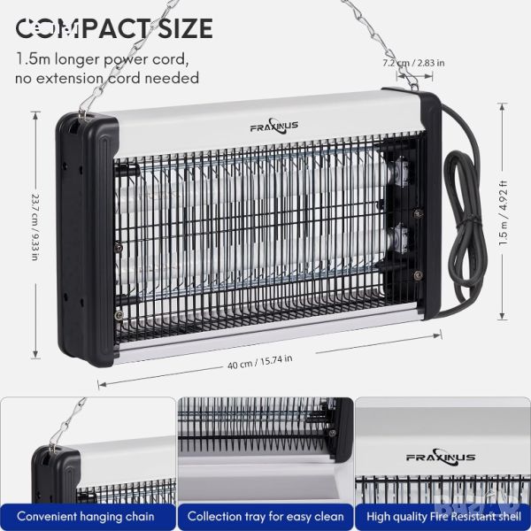 FRAXINUS Електрическа UV лампа унищожител на мухи и насекоми 20 W, надстроен 4000 V с висока мощност, снимка 1