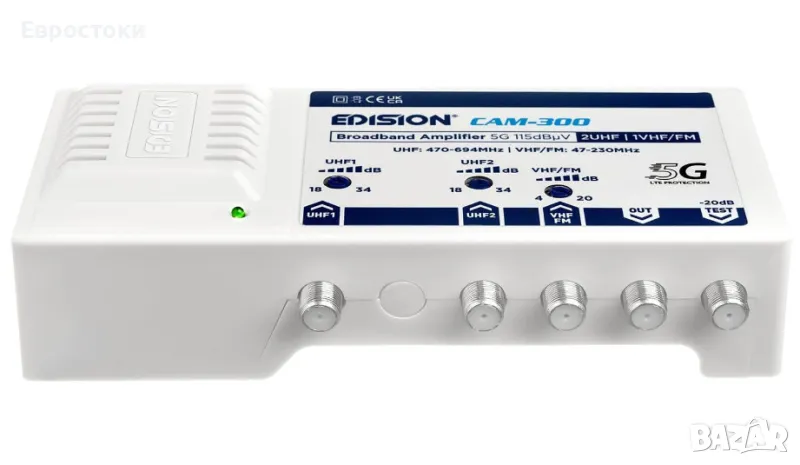EDISION CAM-300 многодиапазонен ТВ усилвател 2UHF, 1VHF/FM, 18-34db, 115dBmV, за кабелна телевизия, снимка 1