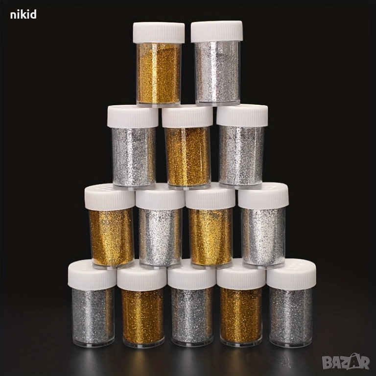 Брокат блястък сребрист златист златен сребърен прах за декорация украса в бурканче, снимка 1