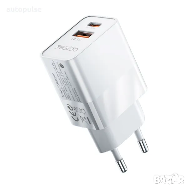 Зарядно устройство за контакт YESIDO 20W, 1xUSB-A, 1xUSB-C, 230V, снимка 1