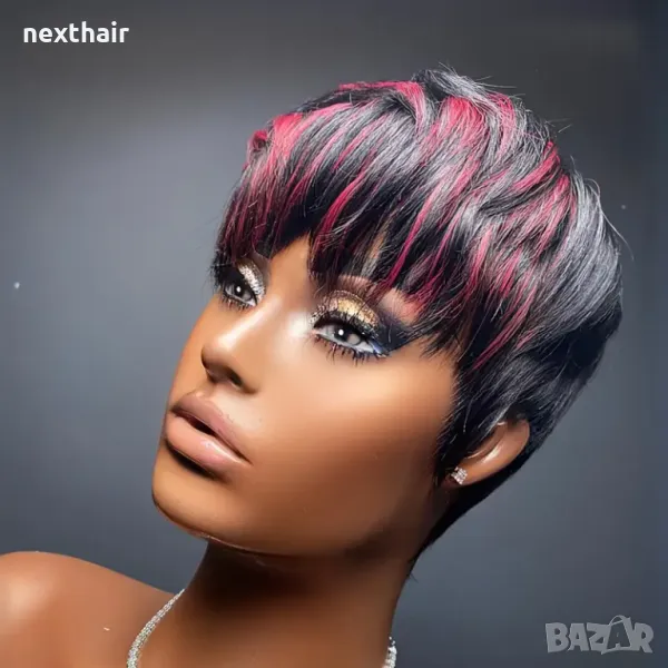 Черна къса пикси синтетична перука с червени кичури, снимка 1
