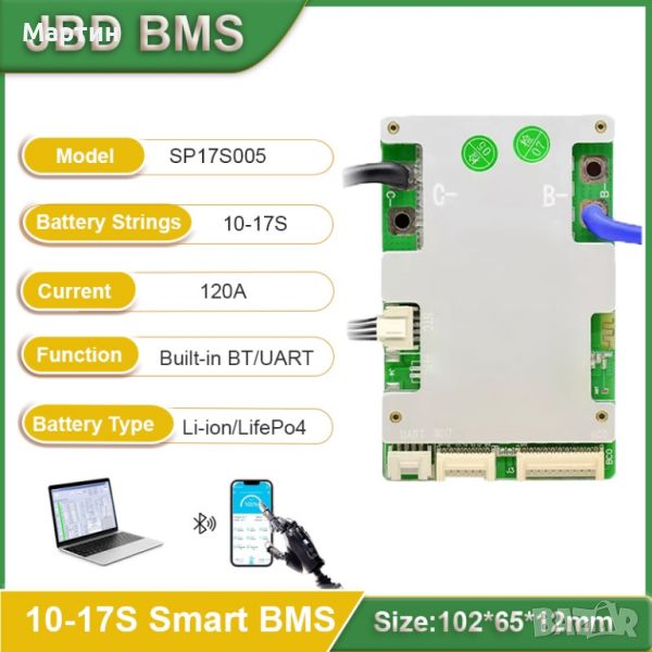 Smart BMS JBD 10S-17S 120A Li-ion Same Port w/ Balance 36V 48V 60V Bluetooth, снимка 1