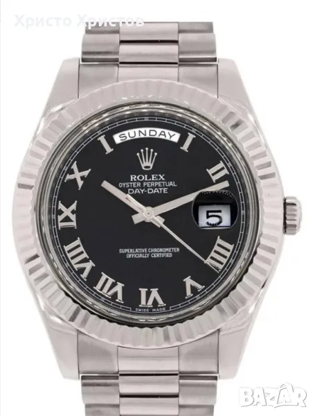 Мъжки луксозен часовник Rolex white gold Day Date II Presidential Black Roman Dial Wristwatch, снимка 1