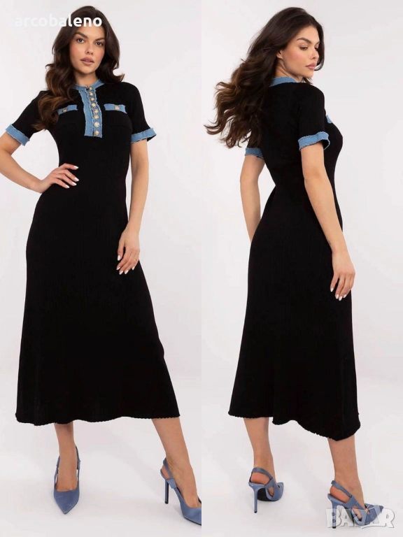 Дамска черна плетена рокля с къс ръкав., снимка 1