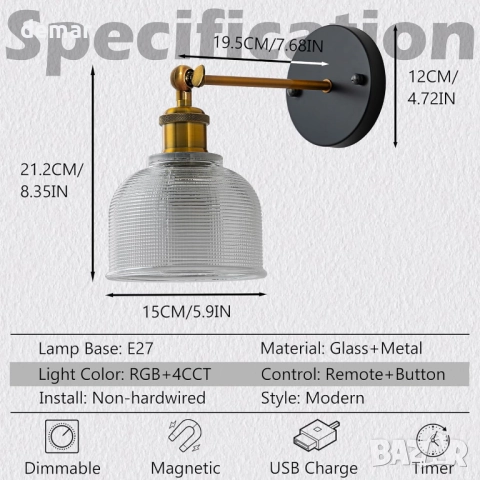 Комплект от 2 стенни лампи FTL, зареждащи се крушки и дистанционно, снимка 2 - Лед осветление - 51888174
