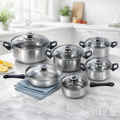 Комплект готварски съдове от инокс 12 части: 5 тенджери, тиган и стъклени капаци (16-24 см), снимка 6 - Прибори за хранене, готвене и сервиране - 53539789