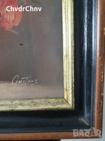 Gustavus 50х40см/малка стара картина масло върху платно/натюрморт ваза с цветя/дървена рамка, снимка 4 - Картини - 50823474