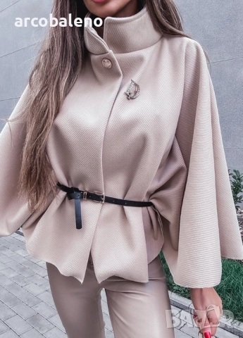 Дамско елегантно бежово пончо с колан , снимка 2 - Туники - 52157846