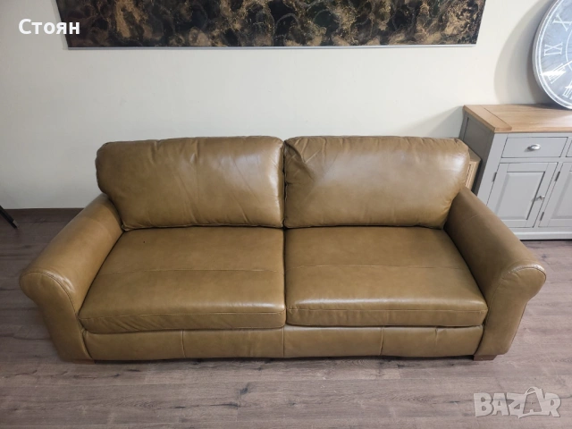 Светло кафяв кожен диван четворка, снимка 12 - Дивани и мека мебел - 53721125