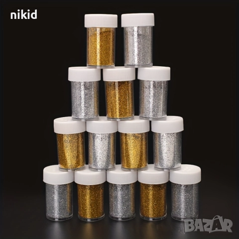 Брокат блястък сребрист златист златен сребърен прах за декорация украса в бурканче