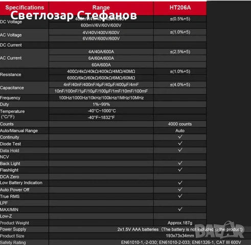 Професионален мултицет с амперклещи за променливо напрежение Habotest HT206A, снимка 4 - Други инструменти - 53147296