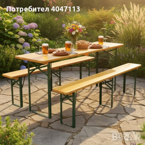 Сгъваем комплект градинска маса с 2 пейки - От чамово дърво, с отвор за чадър, снимка 4 - Други - 53496513