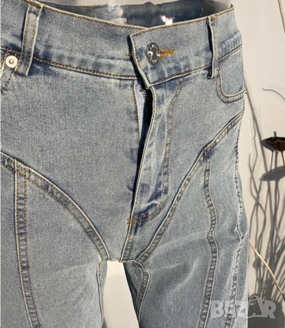 Модни Дамски Джинси Оригинални Корейски Дънки Висока Талия Пачуърк Вталени Разтегаем Модел на MUGLER, снимка 6 - Дънки - 46660616