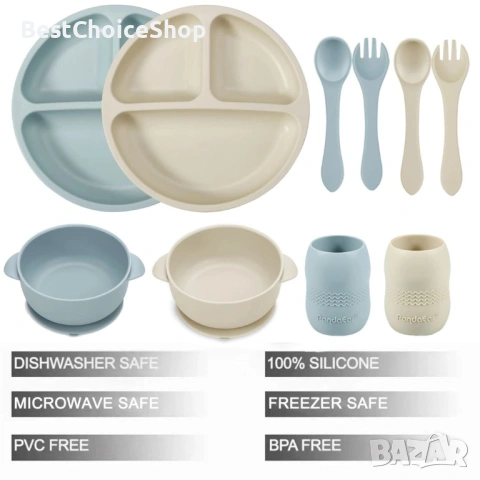 PandaEar Силиконов комплект за хранене за бебета с вендузи – 6 части, снимка 6 - Прибори, съдове, шишета и биберони - 53091399