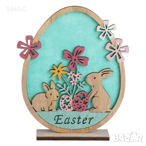 Великденска фигурка – яйце със зайчета и цветя, надпис „Easter", 17x4x22 см_1247738, снимка 2 - Декорация за дома - 54226568