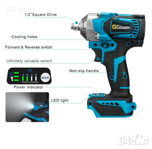Безчетков Акумулаторен Гайковерт GISAM  1200 Nm, снимка 4 - Други инструменти - 48480063