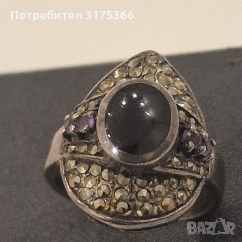 Стар сребърен пръстен с аметист и черен оникс, снимка 1 - Пръстени - 45641148