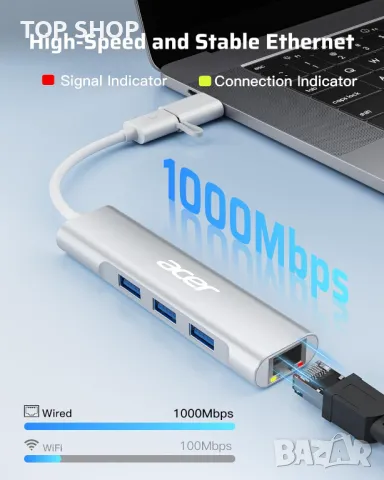 Acer USB А към Ethernet адаптер, 4-в-1 USB-А хъб с 3 USB-A 3.1 и 1Gbps RJ45 - НЯМА А към С адаптер, снимка 3 - Кабели и адаптери - 49451944