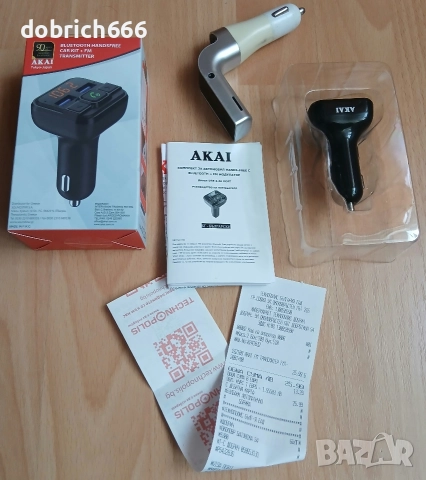 Bluetooth USB SD Aux трансмитер зарядно за телефон за кола Akai в гаранция