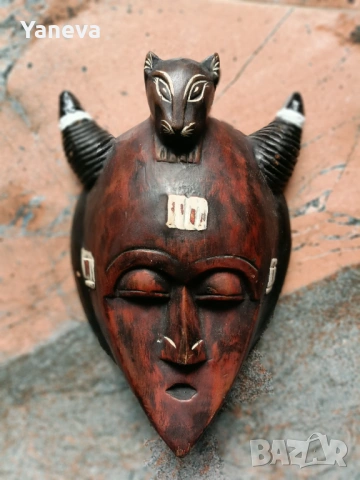 Африканка маска , дърворезба, ръчно изработена и оцветена. , снимка 2 - Декорация за дома - 54059400