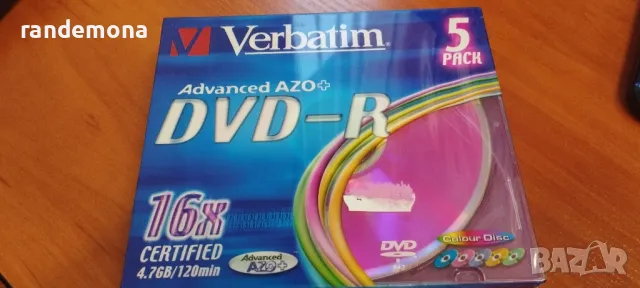 Verbatim DVD-R диск, цветна повърхност, AZO, 4.7GB, 16x, 5 бр, снимка 1 - DVD дискове - 47035770