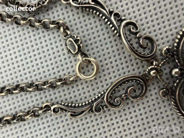 Сребърно колие с гранат и позлата - Ар Деко. №7774, снимка 9 - Колиета, медальони, синджири - 52847565